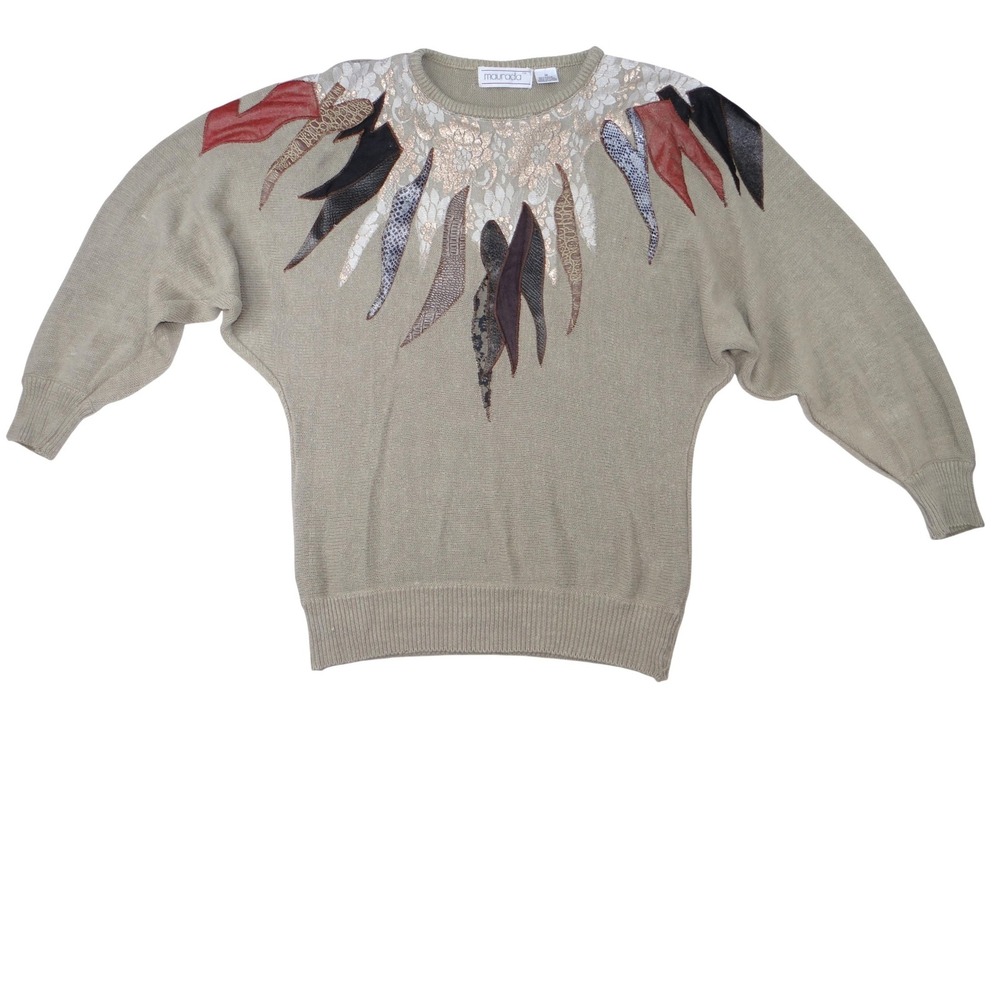 Vintage Unique Maurada Embellished Sweater‎ Beige Knit Dolman Sleeve Women's M